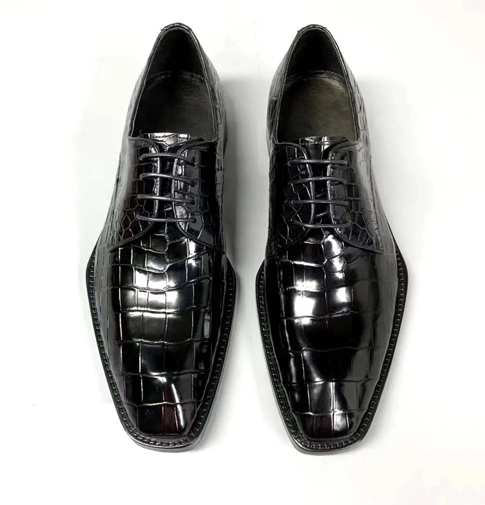 Adaptive Style Crocodile Shoes Men's Crocodile Leather Lace-up Dress Shoes Square Toe Black Business Mens Shoes Free Shipping Size38-44