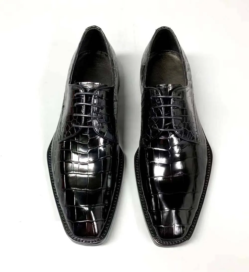 Flower Field Supportive sole Crocodile Shoes Men's Crocodile Leather Lace-up Dress Shoes Square Toe Black Business Mens Shoes Free Shipping Size38-44