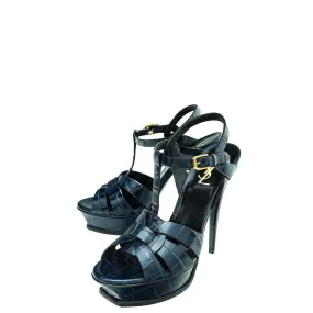 YSL Blue Croc Embossed High Heeled Tribute Sandals 39 Embroidered Glittery Pumps