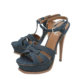 YSL Navy Blue Denim Tribute Sandal 38 Fashionable