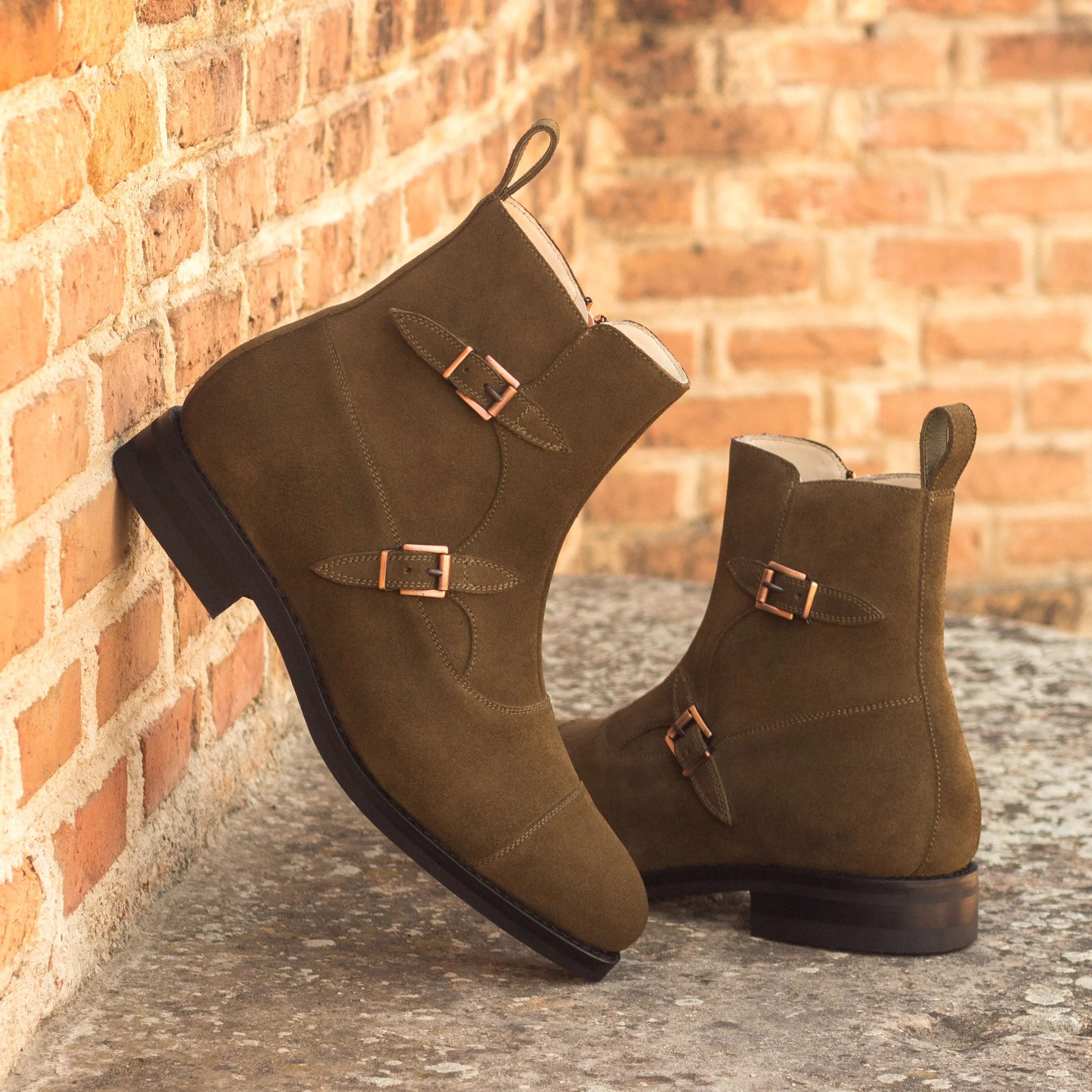 Shock Absorbing Khaki Suede Double-Monk Boots