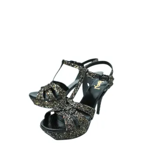 Traction Outsole YSL Black Glitter Calfskin Ayers Mid Heel Tribute Sandals 41