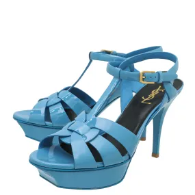 YSL Blue Mid Heel Tribute Sandals 38.5 Minimalist Heels Performance