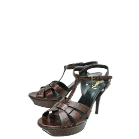 Bridal Stiletto Shoes YSL Brown Croc Embossed Mid Heel Tribute Sandals 41