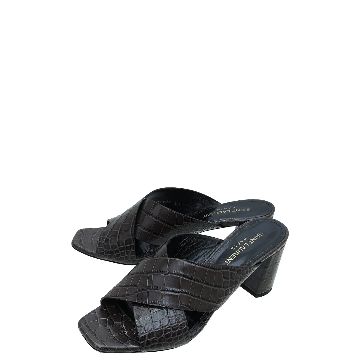 High Fashion Shoes Summer Heels YSL Brownish Gray Croco Embossed Loulou Mule 37.5